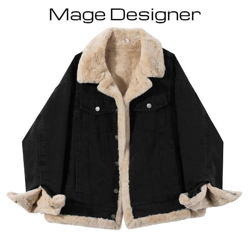 Sheepskin Integrated Fleece-Lined Thickened Denim Cotton Short Jacket for Women, Winter Style Lamb Wool Denim Cardigan Top, Trendy