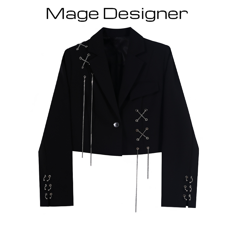 2024 Spring Trendy Black Short Blazer for Women, Loose Casual Niche Design Chain Blazer Jacket