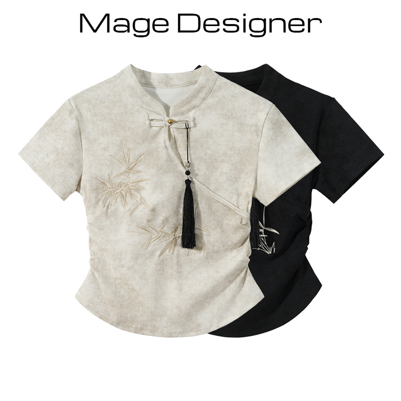 2025 Summer Elegant Chinese Style Exquisite Bamboo Leaf Embroidery Top for Women with Small Stand Collar, Slim Fit, Unique Button Design, and Waist-Cinching Design 2025 Summer Elegant Chinese Style Exquisite Bamboo Leaf Embroidery Top for Women with Small Stand Collar, Slim Fit, Unique Button Design, and Waist-Cinching Design