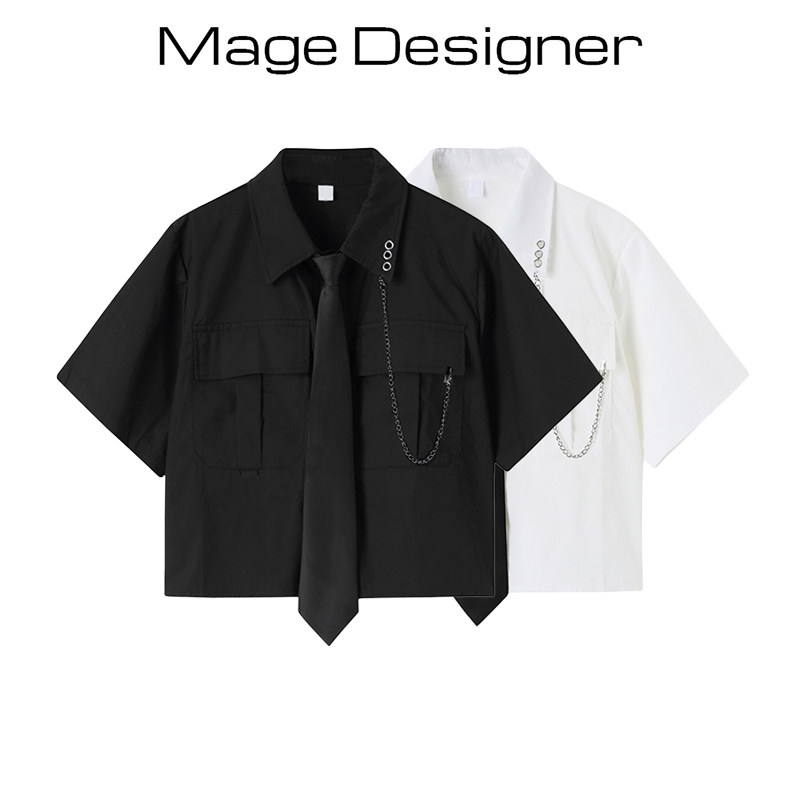 Black shirt with tie, summer Korean style, dark and unique short loose cargo shirt, student style, female.