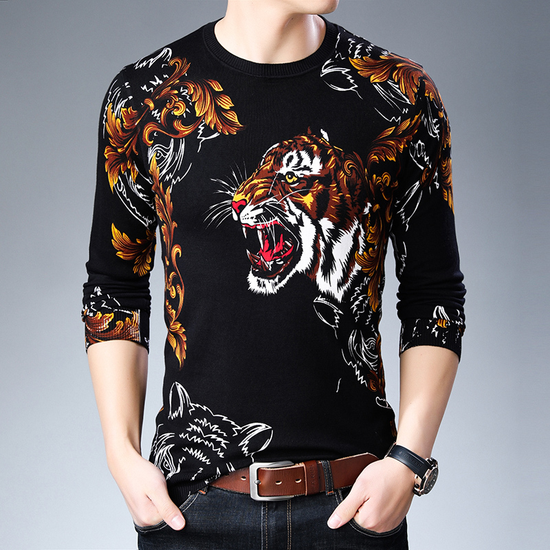 Spring and Autumn Men's Fancy Long-Sleeved Knitted T-Shirt with Creative and Unique Tiger Head Pattern Print, Casual Thin Knitwear