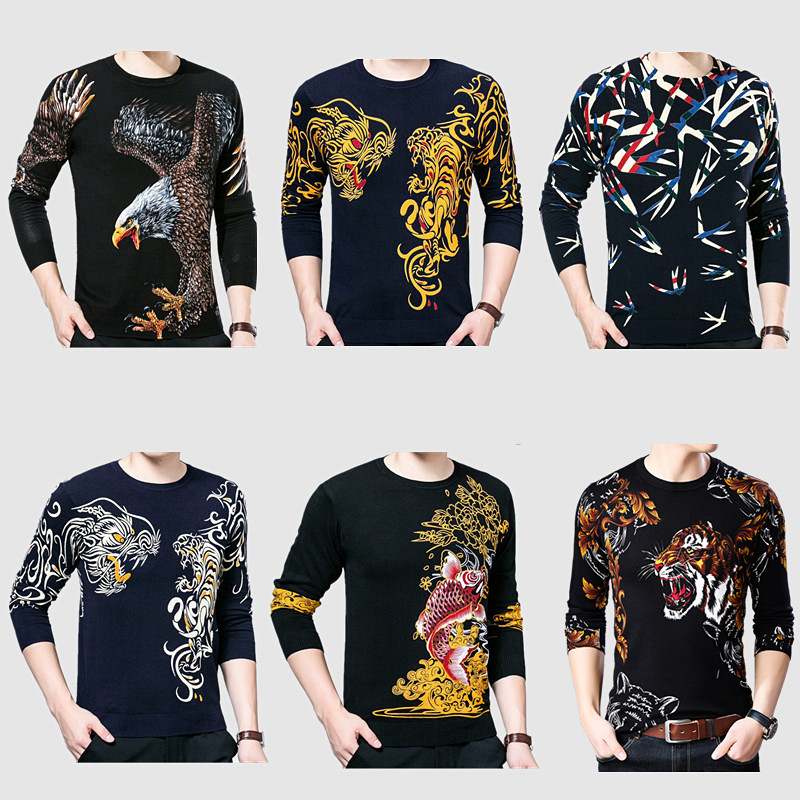 Fashionable Men's Fancy Long-Sleeved Knitted T-Shirt, Creative Personalized Pattern Printed Top, Large Size Sweater