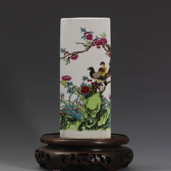 清 粉彩花鳥紋筆筒 乾隆年制款 中国 古美術