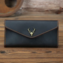 New Crazy Horse leather mens and women envelope wallet cowhide mobile phone bag long retro flip wallet simple hand bag