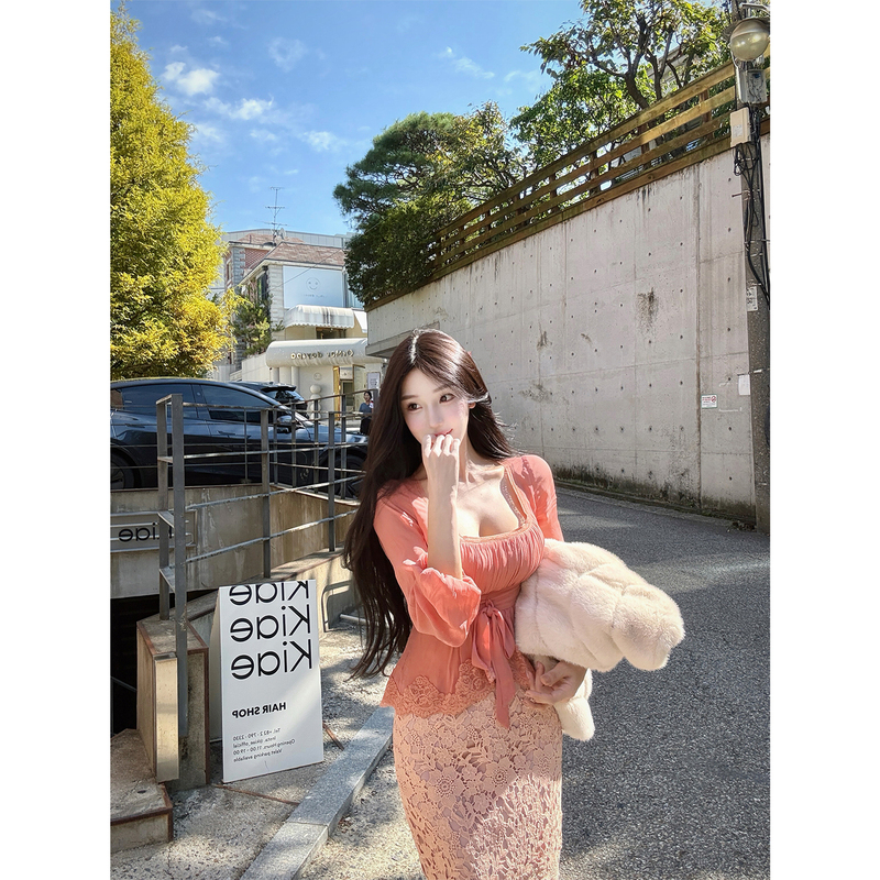 Ww Original "Love Series" Hollow Lace Pattern Waist Belt Top with Water-Soluble Lace Bodycon Skirt Set Ww Original "Love Series" Hollow Lace Pattern Waist Belt Top with Water-Soluble Lace Bodycon Skirt Set