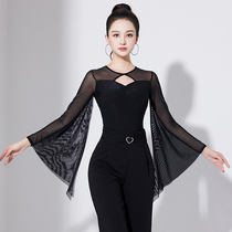 Latin Dance Blouse Womens New Long Sleeve New Dance Suit Conjoint Floating Cuff National Mark Ballroom Ballroom Morden Dance Performance Wear