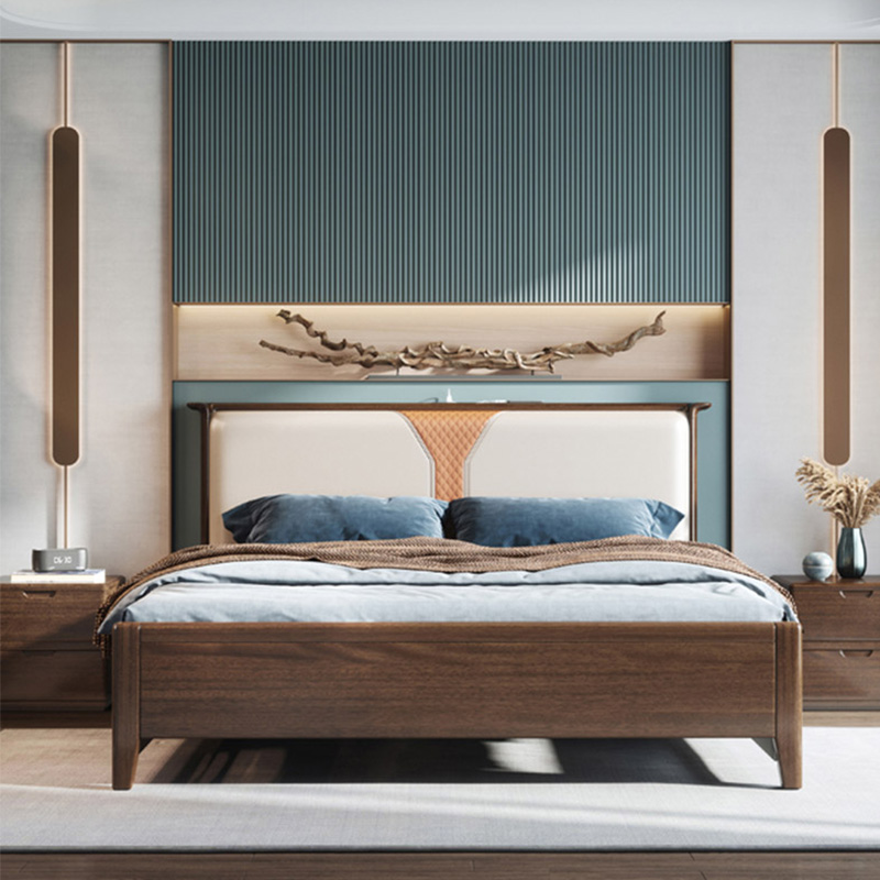 Walnut wood solid wood modern simple 18m double master bedroom Nordic light luxury soft bag high box storage large wedding