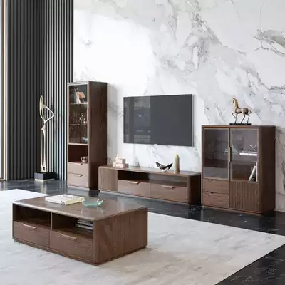 Walnut Nordic solid wood coffee table TV cabinet living room modern minimalist side cabinet combination storage cabinet high and low cabinet vertical cabinet