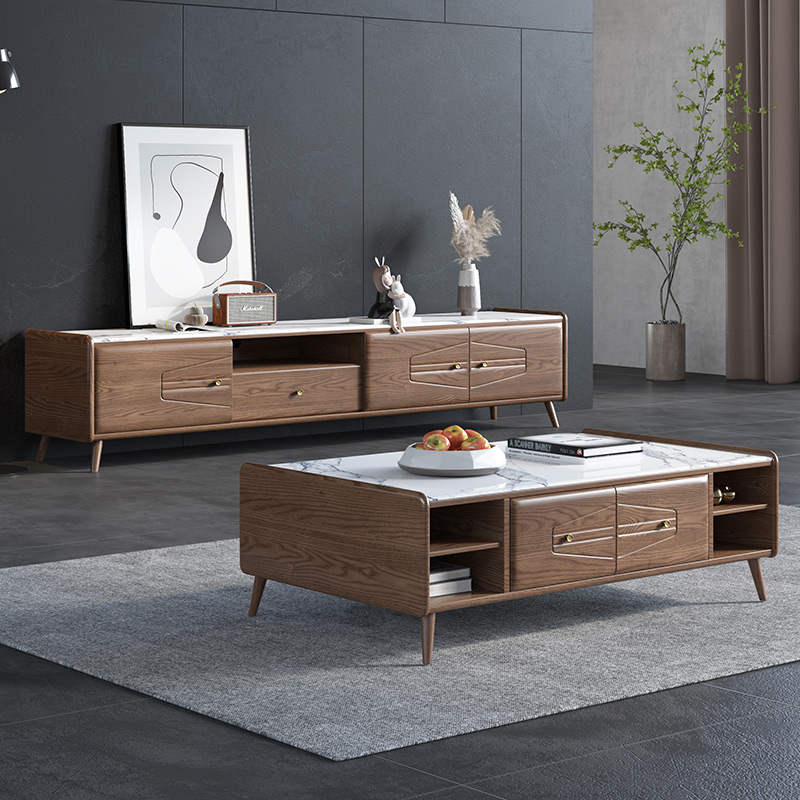 All solid wood ash wood rock slab tea table TV cabinet combination modern minimalist living room Nordic light luxury small apartment floor cabinet