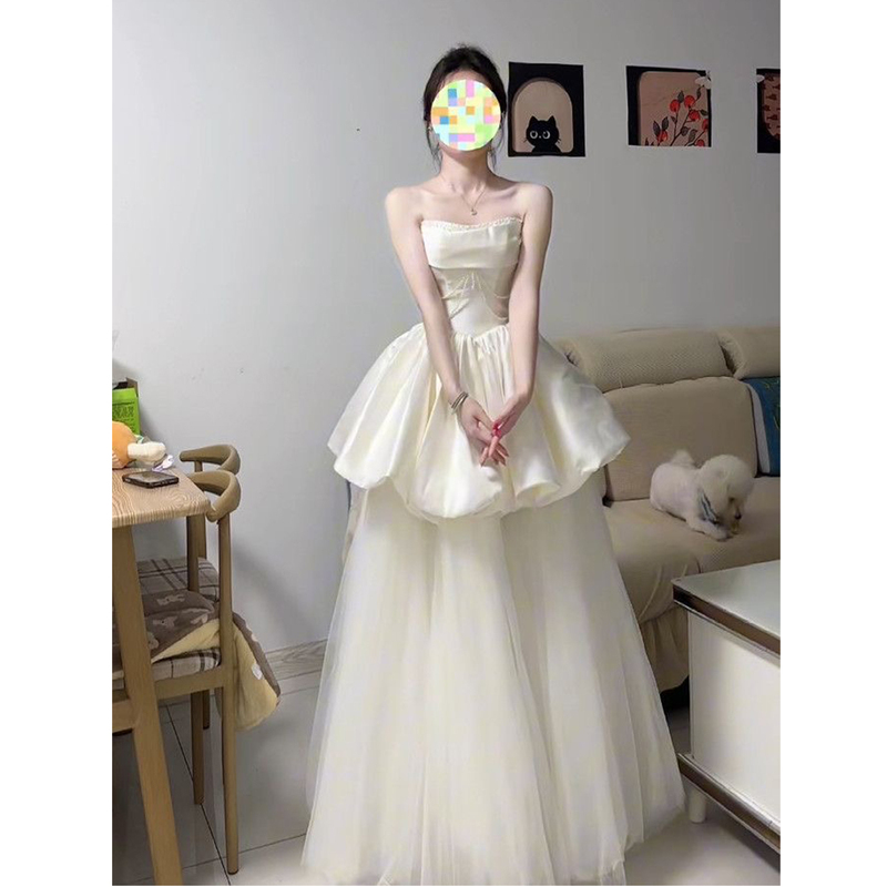 White Satin Light Wedding Dress, Bridal Departure Dress, French-Style Strapless Engagement Dress, Coming-Of-Age Ceremony Dress, Vocal Arts Exam Princess Dress White Satin Light Wedding Dress, Bridal Departure Dress, French-Style Strapless Engagement Dress, Coming-Of-Age Ceremony Dress, Vocal Arts Exam Princess Dress