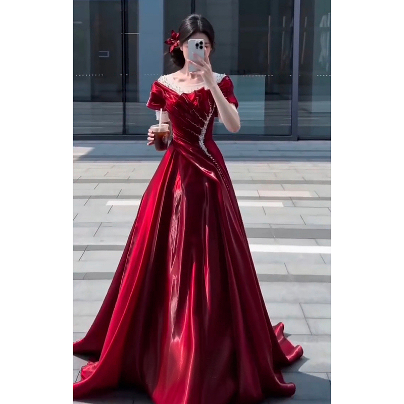 Burgundy Vocal Performance Dress for Music Students, Bel Canto Solo Performance Outfit, Evening Host Long Dress, High-End and Elegant