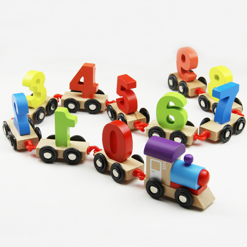 Young children wooden digital small train male girls early education Puzzle Assembled Wooden Track Building Blocks Car Drag toys