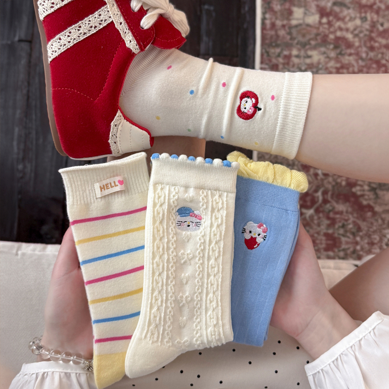 White Lace Cute Cartoon Embroidered Mid-Calf Socks for Women, Spring Pure Cotton, Trendy Japanese Sweet Seamless Slouch Socks