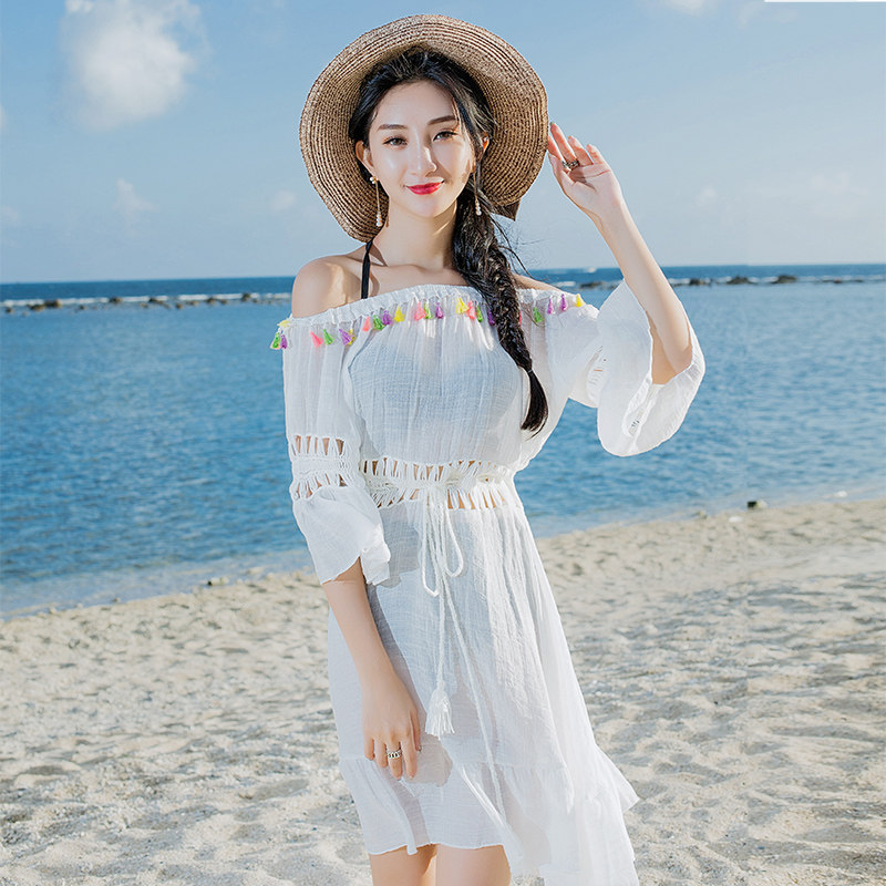 海边蕾丝比基尼罩衫女套头中长款沙滩防晒衣外搭性感泳衣外套网纱