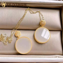 Natural Hetian Jade round trouble brand jade pendant necklace female sterling silver simple temperament retro clavicle sweater chain