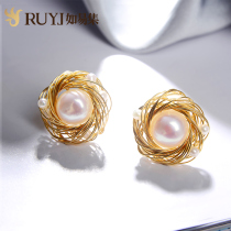 Natural pearl stud earrings large 14K gold gold allergy silver earrings retro elegant atmospheric pearl earrings 925 silver