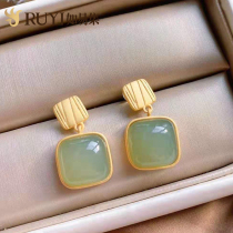 Earrings 2021 New Tide autumn winter square earrings natural Hetian jade earrings green big earrings female temperament fashion