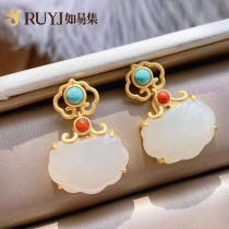 Ethnic wind earrings Chinese style classical Chinese Hetian jade earrings sterling silver wishful long life safe lock earrings female