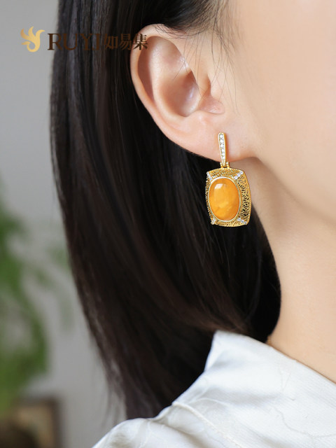 Beeswax Earrings, Natural Chicken Oil Yellow Amber Earrings, Luxurious Palace Style Yellow Earrings, High-End Sterling Silver Earrings