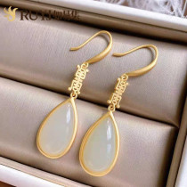 Ancient style earrings Chinese style classical Fushou water drop shaped silver earrings National style Hetian jade earrings female temperament long