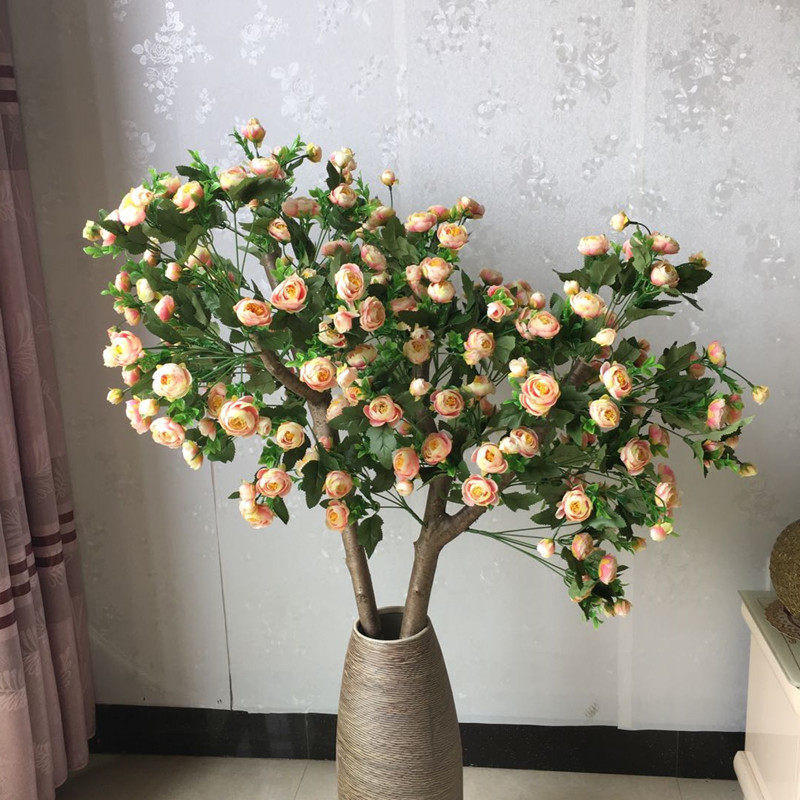 蔷薇花树落地花瓶搭配花艺真树杆假花仿真花客厅酒店装饰摆设花艺