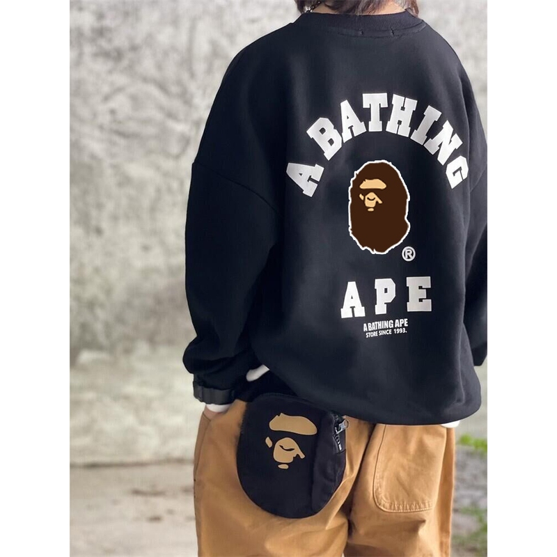 Japanese-Style Trendy Brand Ape Letter Children's Crew Neck Sweatshirt for Boys and Girls, Pure Cotton Fleece-Lined Base Layer Top, Medium and Large Children's Clothing