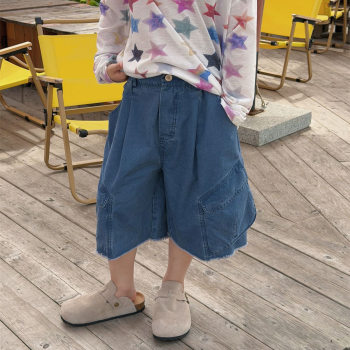 Xiaojia's 2026 new summer boys' raw-edged cotton wide-leg mid-pants for large children loose workwear five-point pants trendy