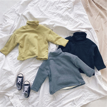 Winter new boys velvet padded cotton solid color sweater baby solid color velvet T-shirt winter thickened top tide