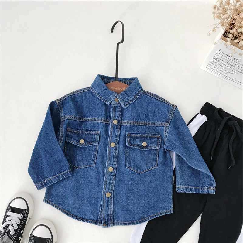 Xiaojie home 2018 mùa thu mới bé trai và bé gái phiên bản Hàn Quốc của áo sơ mi denim rộng bé cotton denim sơ mi dài tay bé trai 