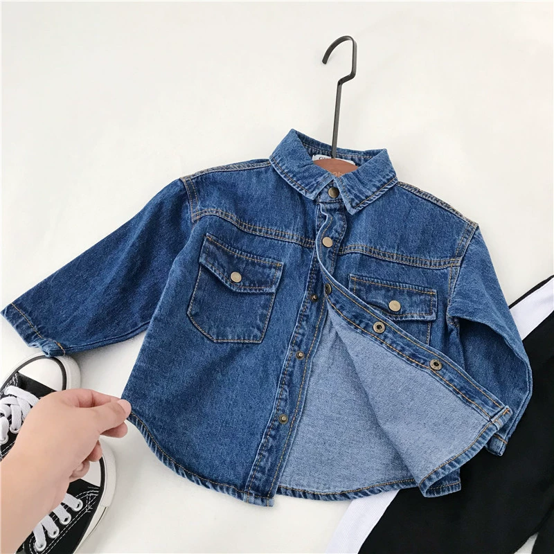 Xiaojie home 2018 mùa thu mới bé trai và bé gái phiên bản Hàn Quốc của áo sơ mi denim rộng bé cotton denim sơ mi dài tay bé trai 