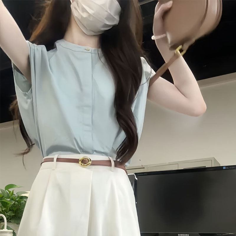 French-Style Summer Shirt with a Beautiful Design, Versatile, Casual, Elegant, Light Blue, with Small Flutter Sleeves, Sleeveless Shirt for Women French-Style Summer Shirt with a Beautiful Design, Versatile, Casual, Elegant, Light Blue, with Small Flutter Sleeves, Sleeveless Shirt for Women