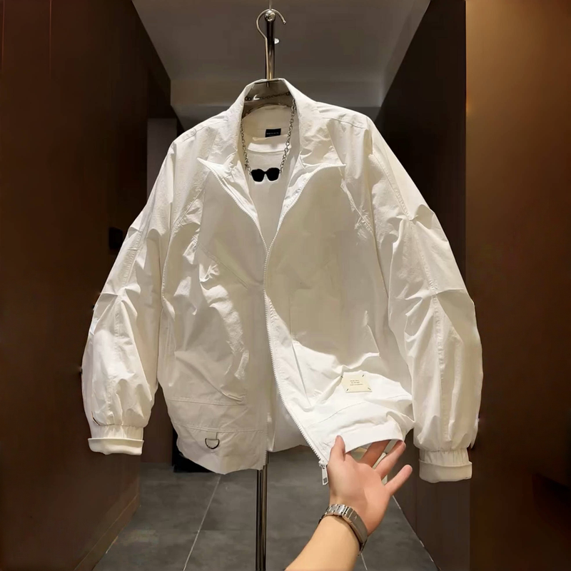 Spring and Autumn New White High-End Casual Jacket for Men, Trendy Brand, Stylish Stand Collar, Versatile Thin Workwear Jacket