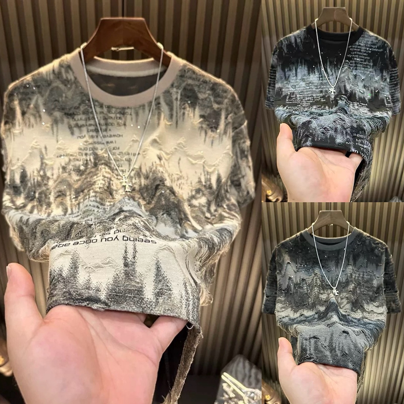 2026 New Style Ink Tie-Dye Gradient Short-Sleeve T-Shirt for Men, Trendy Brand, Light Luxury, Letter Print, Distressed Round Neck Casual Top