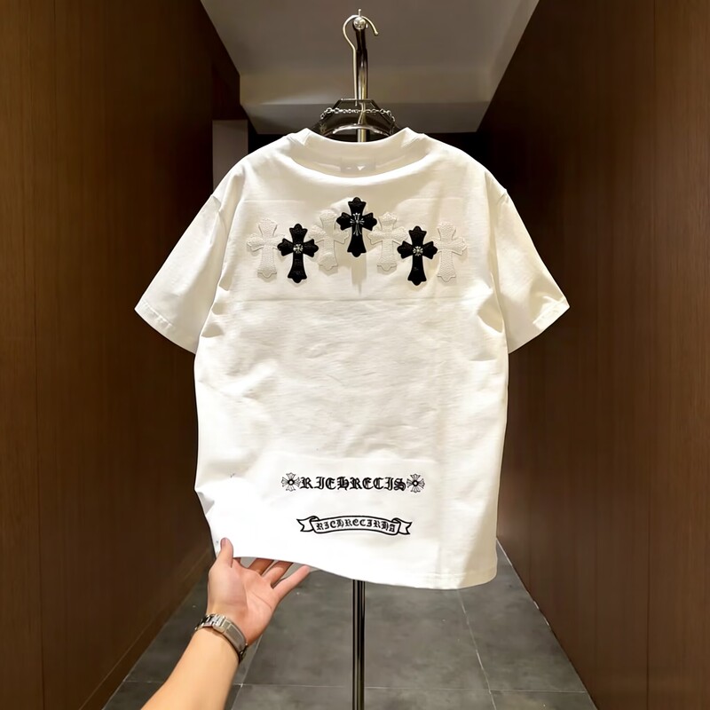 Summer Light Luxury Cross Leather Label Design Short-Sleeved Men's Trendy Brand Sanskrit Letter Embroidery Casual Half-Sleeve T-Shirt Summer Light Luxury Cross Leather Label Design Short-Sleeved Men's Trendy Brand Sanskrit Letter Embroidery Casual Half-Sleeve T-Shirt