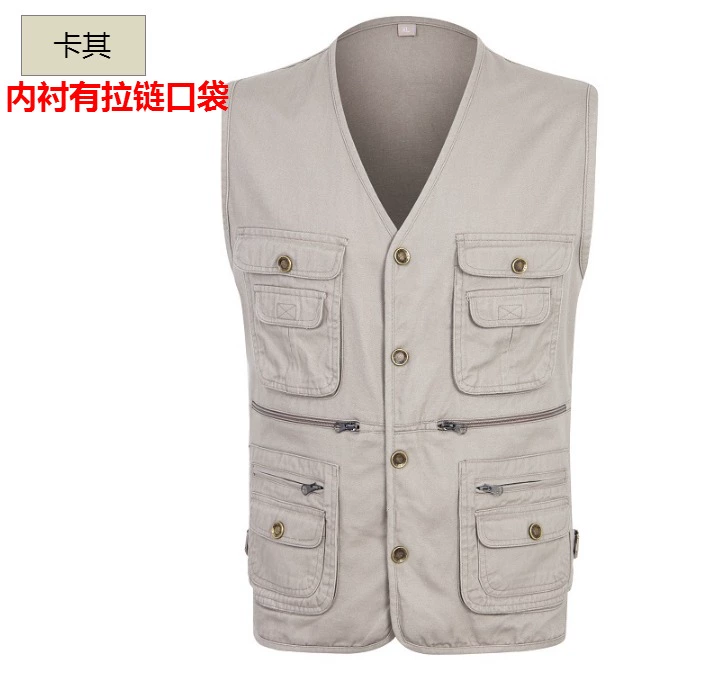 Trung niên nam nhiều túi mùa xuân và mùa thu vest cha tải phần cotton câu cá áo vest nhiếp ảnh du lịch áo khoác thu đông