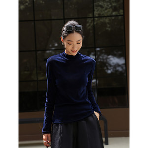 Zhouzhuo Sapphire Blue Stand-Up Collar Velvet Base Shirt, 2026 Autumn New Slim-Fit Long-Sleeve Inner Top for Women