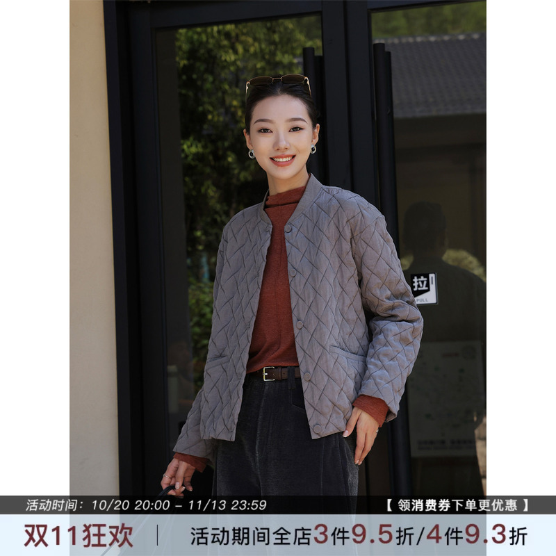 Zhou Zhou Gray Design Quilted New Snow-Wool Cotton Jacket 26 Autumn New Lightweight Warm Slimming Long-Sleeve Coat for Women
