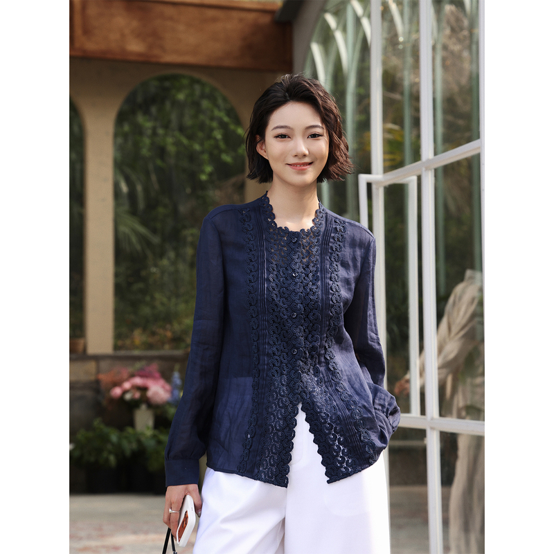 Zhou Zhou Retro Lace Trim Patchwork Top 26 Summer New Fashion Versatile Elegant Ramie Long-Sleeve Shirt for Women