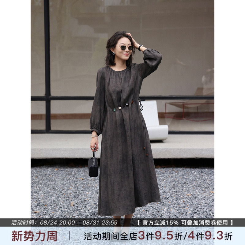 Zhou Zhou Retro Beaded Lace-Up Waist-Cinching Long-Sleeve Dress 26 Autumn New Style Elegant Slimming Mid-Length Dress for Women