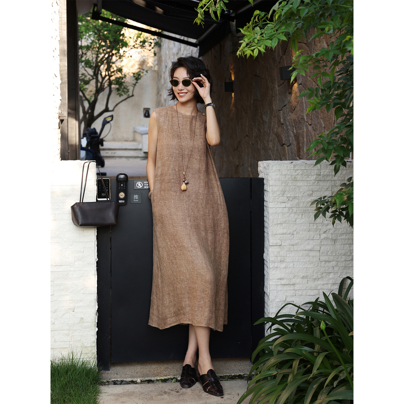 Zhou Zhou Lao Qian Feng Linen Sleeveless Dress 2026 Summer New Loose Slimming Draped Long Tank Dress for Women