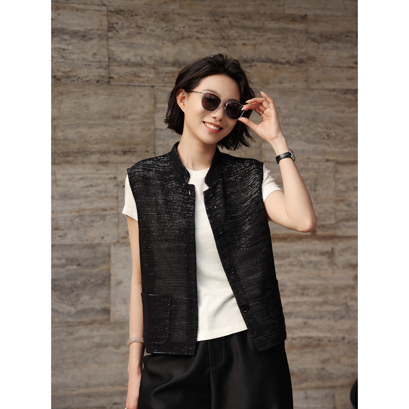 Zhou Zhou Lao Qian Feng Linen Shimmer Sleeveless Vest 2026 Summer New Versatile Layered Cardigan Vest for Women