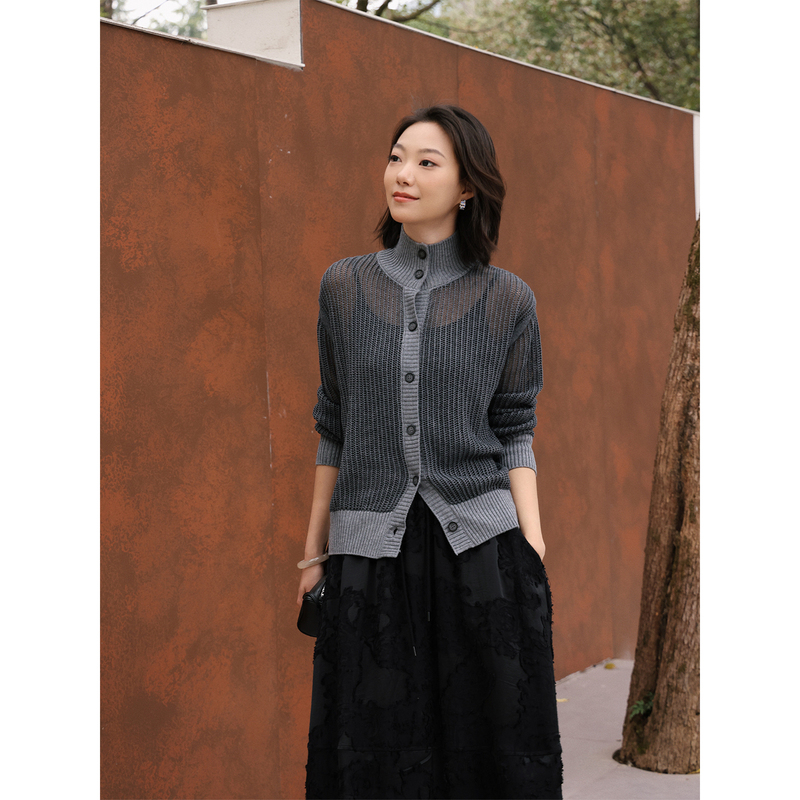 Zhou Zhou Lazy High-Neck Button Knit Cardigan 2026 Spring New Color-Block Hollow Loose Women's Sweater Coat