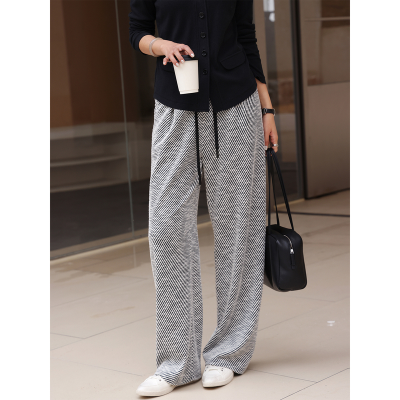 Zhou Zhou American Retro Diagonal Striped Straight-Leg Pants 2026 Spring New Elastic High-Waisted Casual Versatile Long Pants for Women