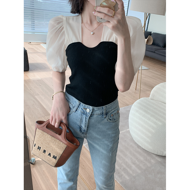 MUKOK contrast stitching shirt women's summer 2021 new design niche shirt thin section bubble sleeve top