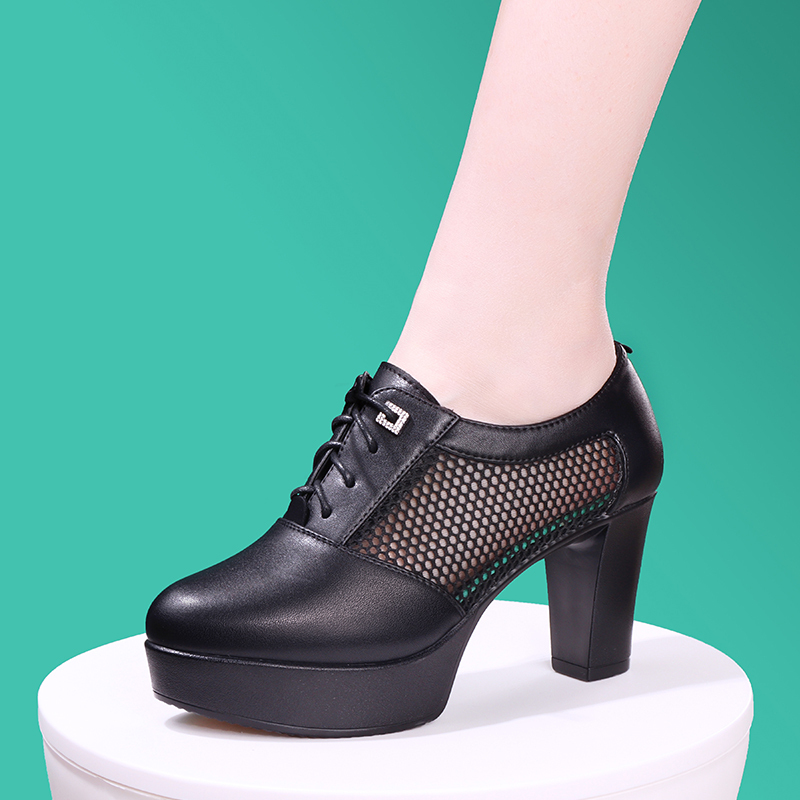 New Comfortable Chunky Heel Leather Mesh Shoes Round Toe Lace-Up Single Shoes Waterproof Platform Deep-Cut Ankle Boots High Heel Genuine Leather Sandals