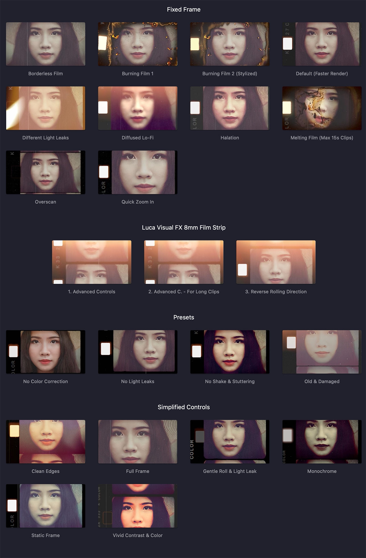 中英双语-FCPX插件|23组复古胶片边框灼烧穿孔视觉效果 8mm Film Strip