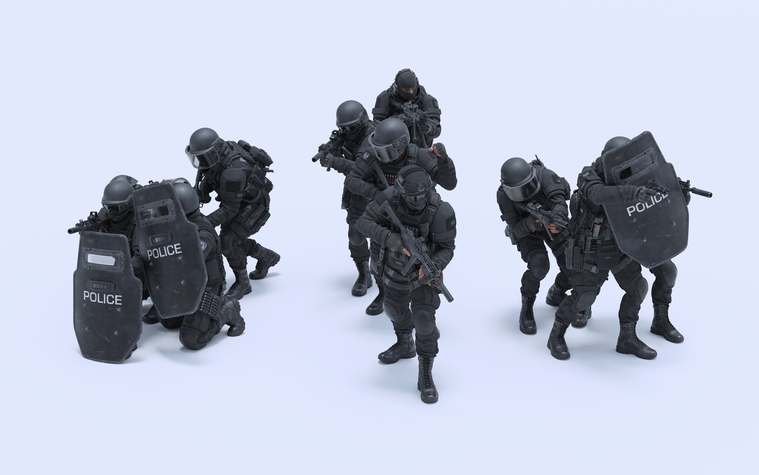 3D模型|突击特警部队人物角色防弹衣冲枪械装备模型包 BigMediumSmall – SWAT (Blender/FBX格式) Swat_Group_Black.jpg