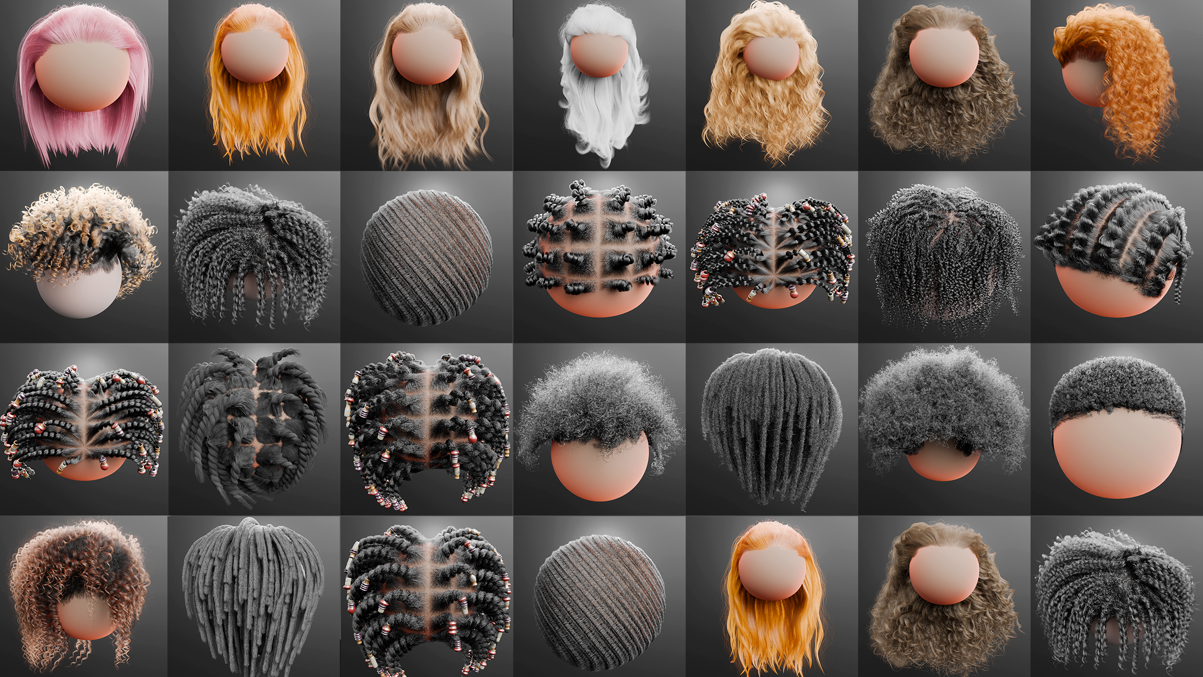 Blender头发毛发制作生成物理模拟系统资产预设库(含中英文字幕教程) Strandkit The Hair, Fur & Dynamics Library V1.5.1 hair styles.jpg