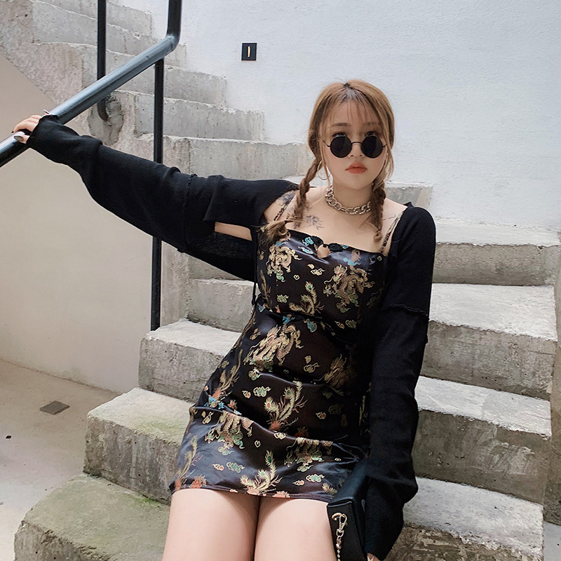 Hitong Grand Scale Women's Dress Fat Mm Summer Retro Display Slim Embroidered Qipao Harness Foreign Dress For A Short Skirt