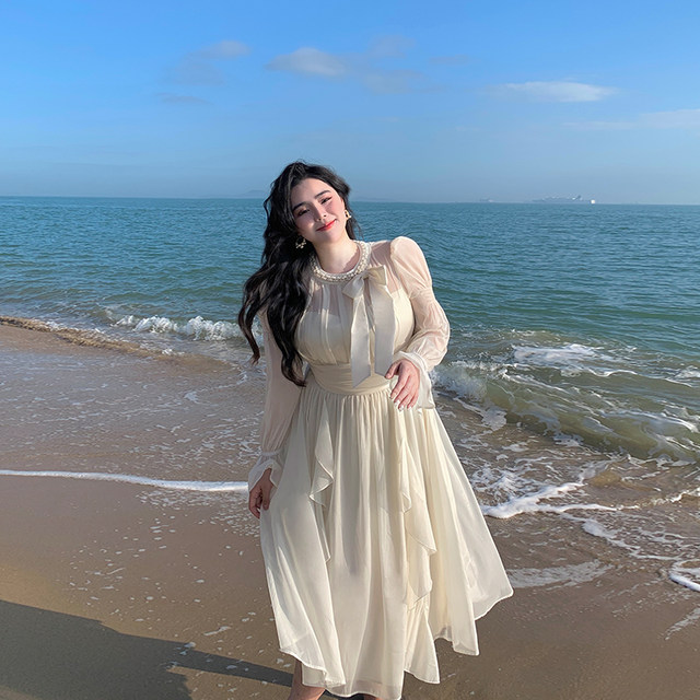 Xitong'er plus size women's clothing for fat mm, French style waist slimming dress, fairy princess white skirt, autumn